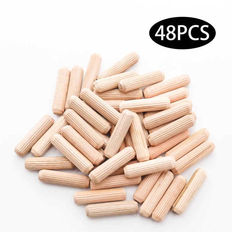 Adyoney 48Pcs 10mm x 40mm / 2/5 Inch x 1.57 Inch Wooden Dowel Pin Fluted Beveled Ends Wooden Pegs Support Shelves - Image 3